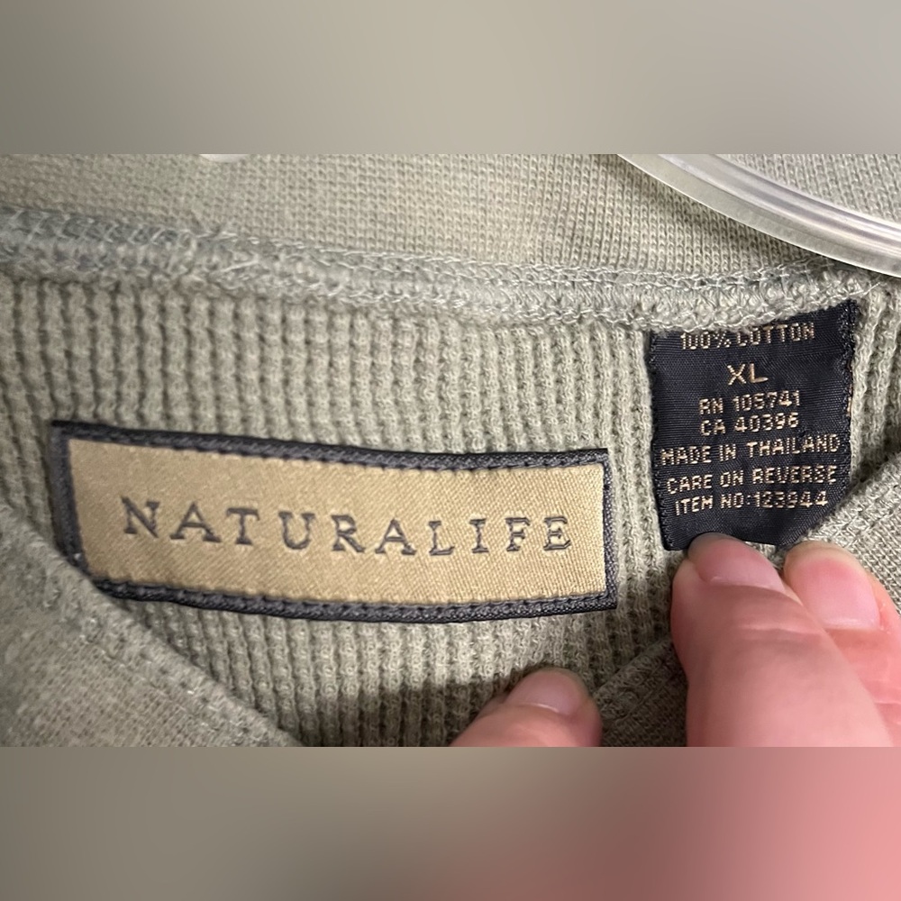 Naturalife Men’s Vintage 90s Henley Khaki Olive Waffle Thermal Cotton Shirt XL - Picture 3 of 6